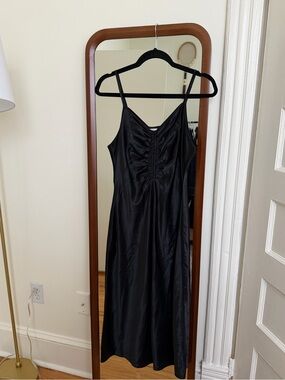 Black Satin Midi Dress with Ruched Front